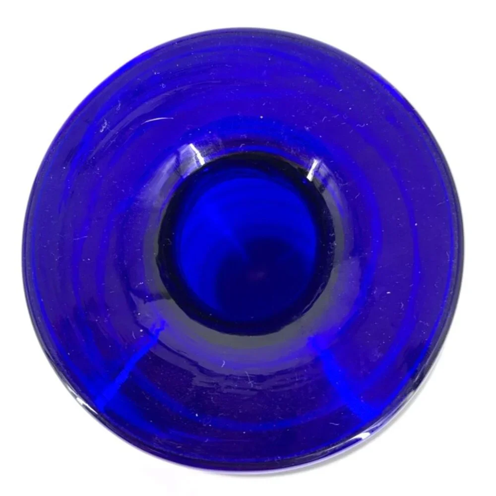 Cobalt Blue Vase Art Glass Iridescent White Swirled Small 3 1/4